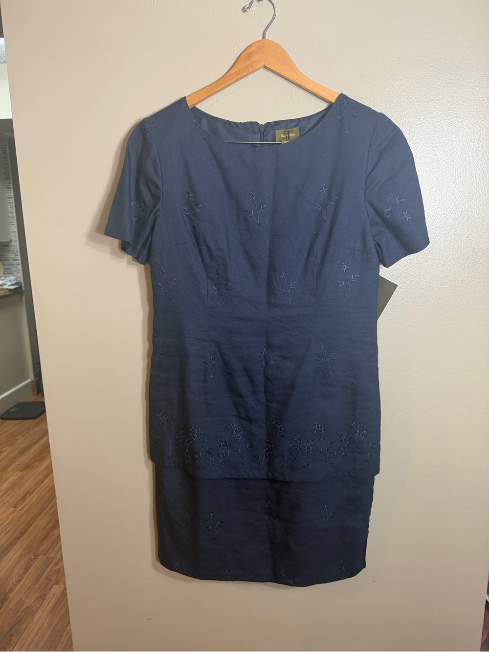 Vintage Sherry Taylor Navy Embroidered Layered Ramie Rayon Dress Large NWT